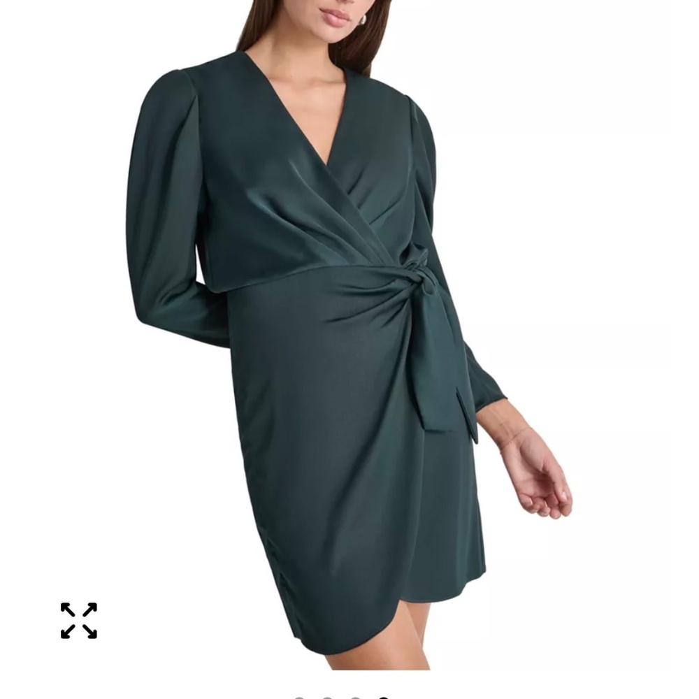 DKNY Faux-Wrap Puff Sleeve V-Neck Dress in Pine
